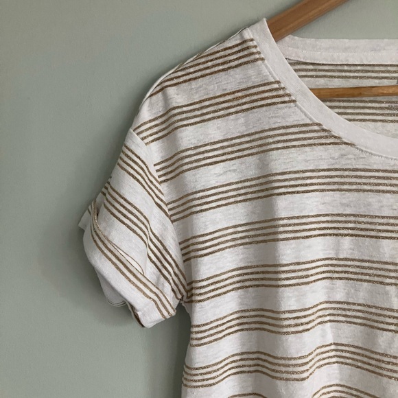 TALBOTS White & Metallic Gold Striped Cotton Blend Tee Size MP - Picture 2 of 9